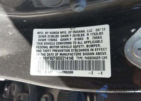 2013 Honda Civic Lx z USA, uszkodzony, nr VIN 19XFB2F50DE214146